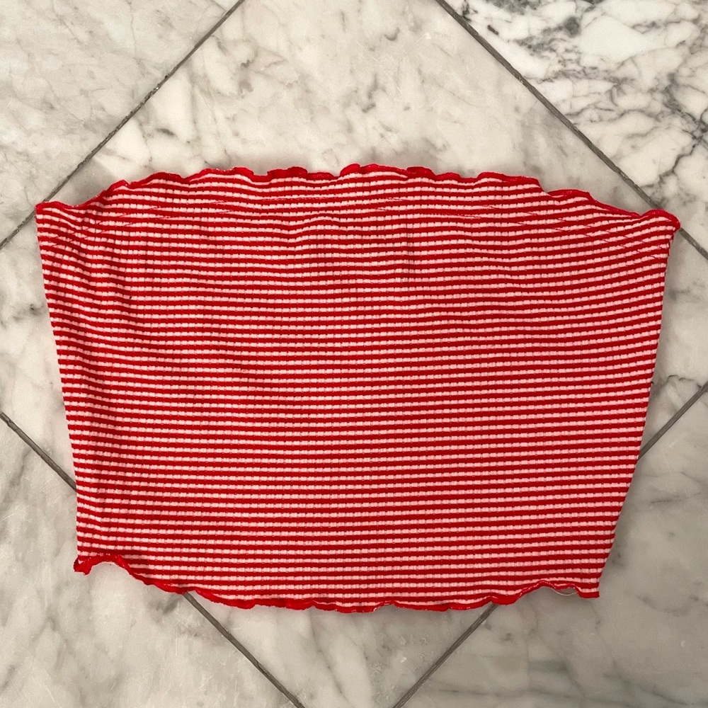 Red and white stripped crop top tube top, size S, White Fox